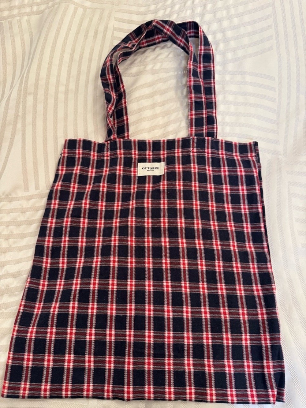 Octobre Navy Red Plaid Tote Bag